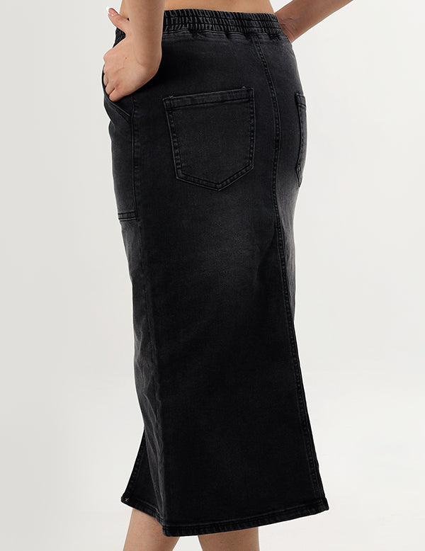 Black Denim Midi Skirt with Front Slit for Women