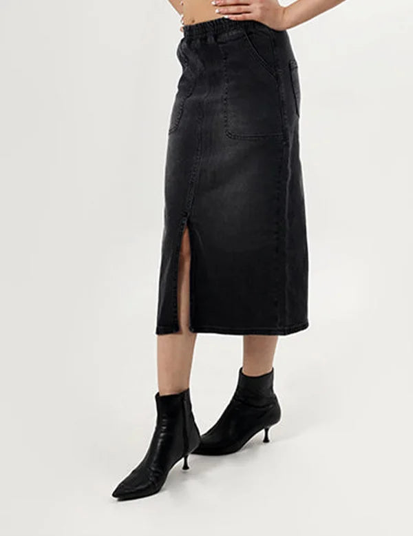 Black Denim Midi Skirt with Front Slit for Women