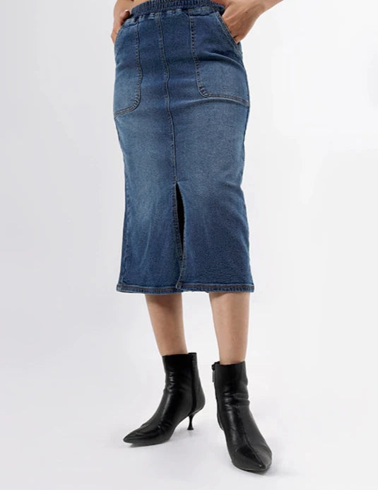 Blue Denim Midi Skirt with Front Slit for Women