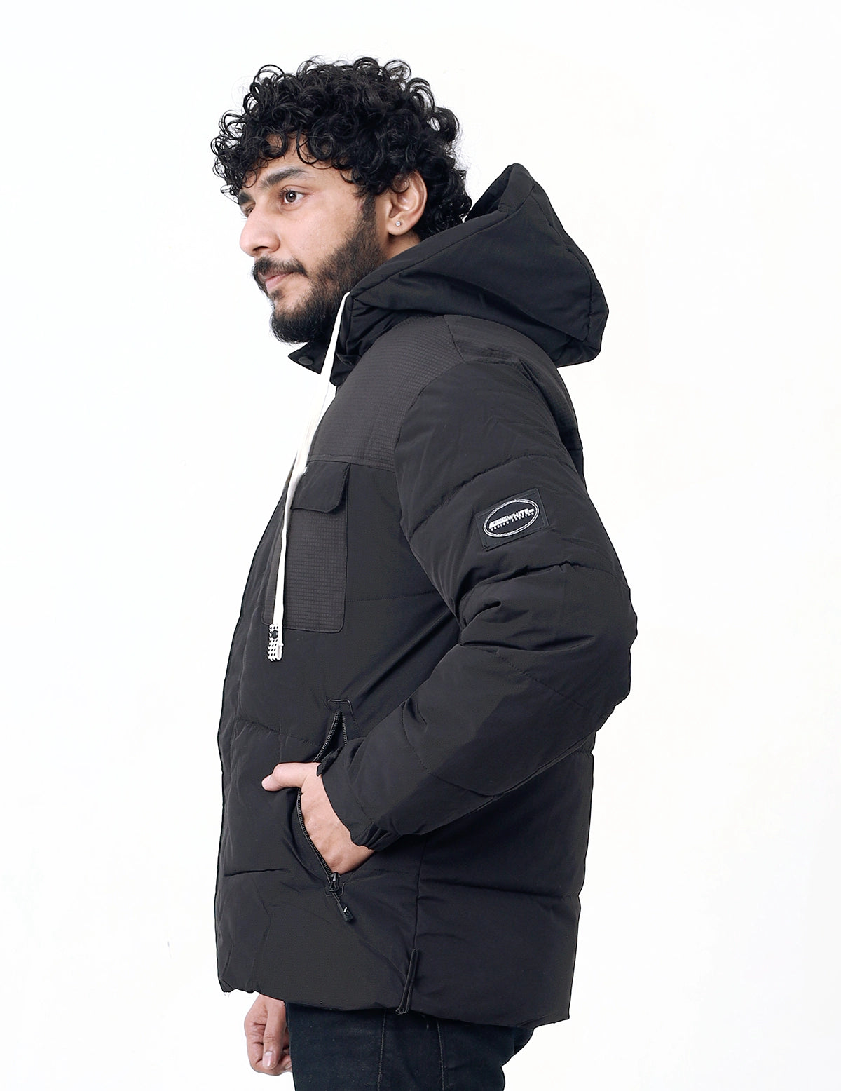 Men&#39;s Winter Wear Full Sleeves Hooded Quilted and Puffer Jacket - Black