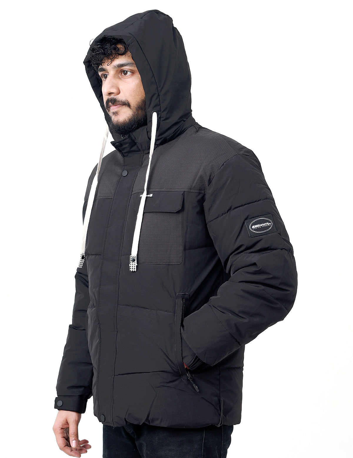 Men&#39;s Winter Wear Full Sleeves Hooded Quilted and Puffer Jacket - Black