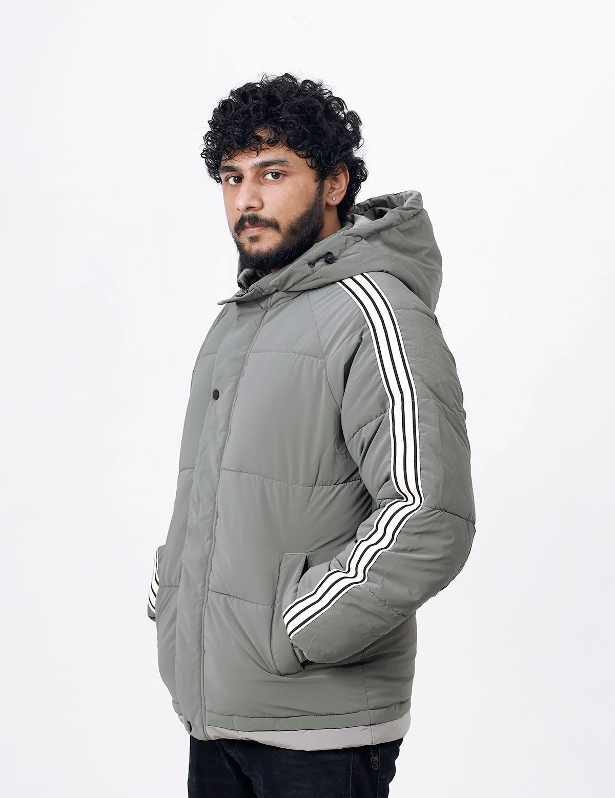 Men&#39;s Winter Wear Full Sleeves White Striped Quilted and Puffer Jacket - Grey