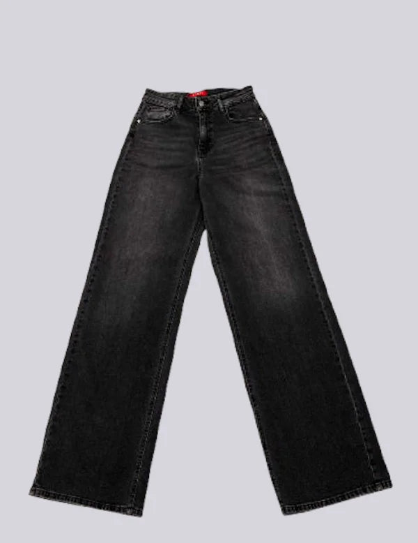 Women Casual Solid Wide Leg Vintage Jeans - Black