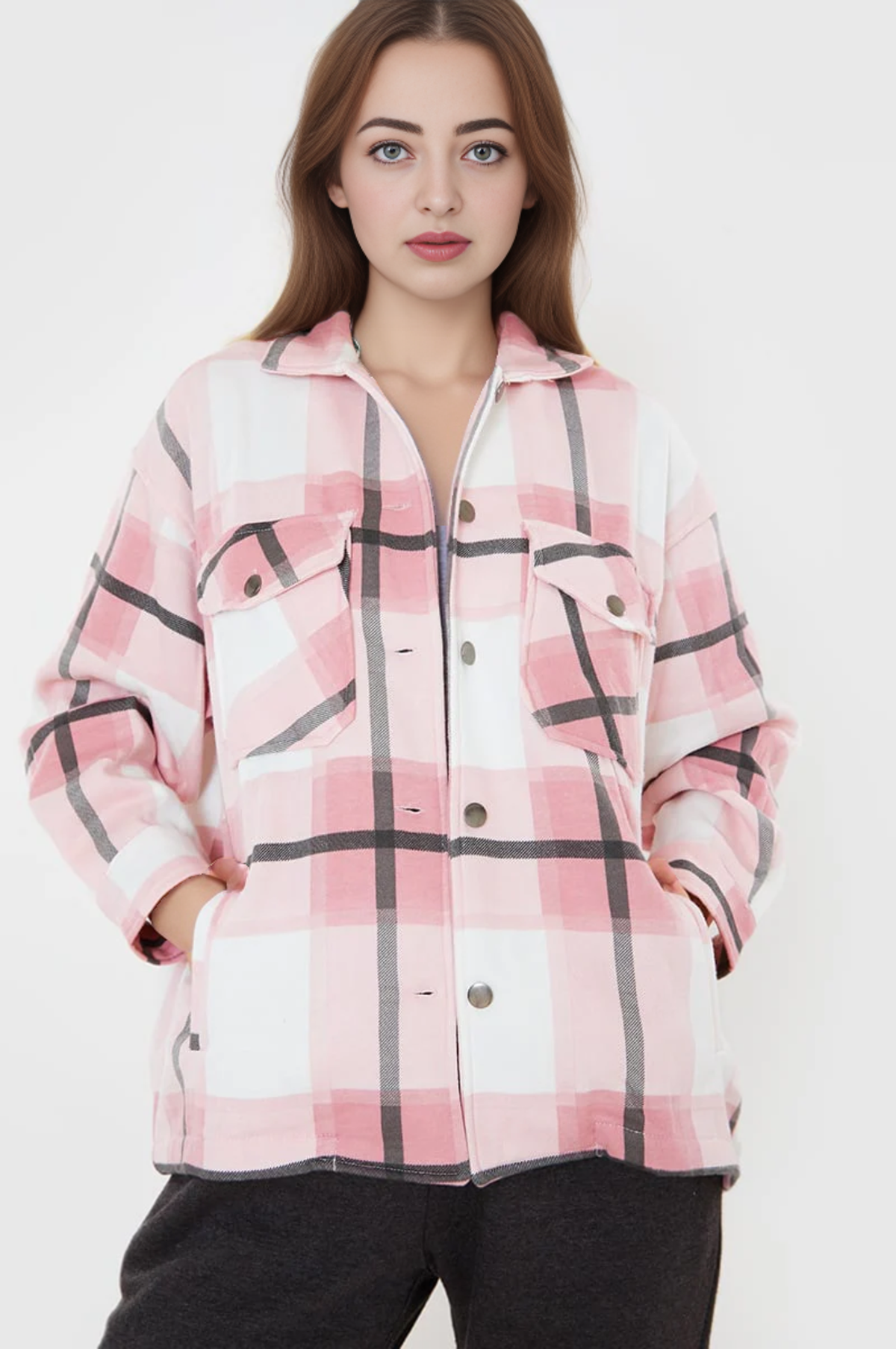 Women Check Fleece Casual Shacket Jacket Loose Outerwear